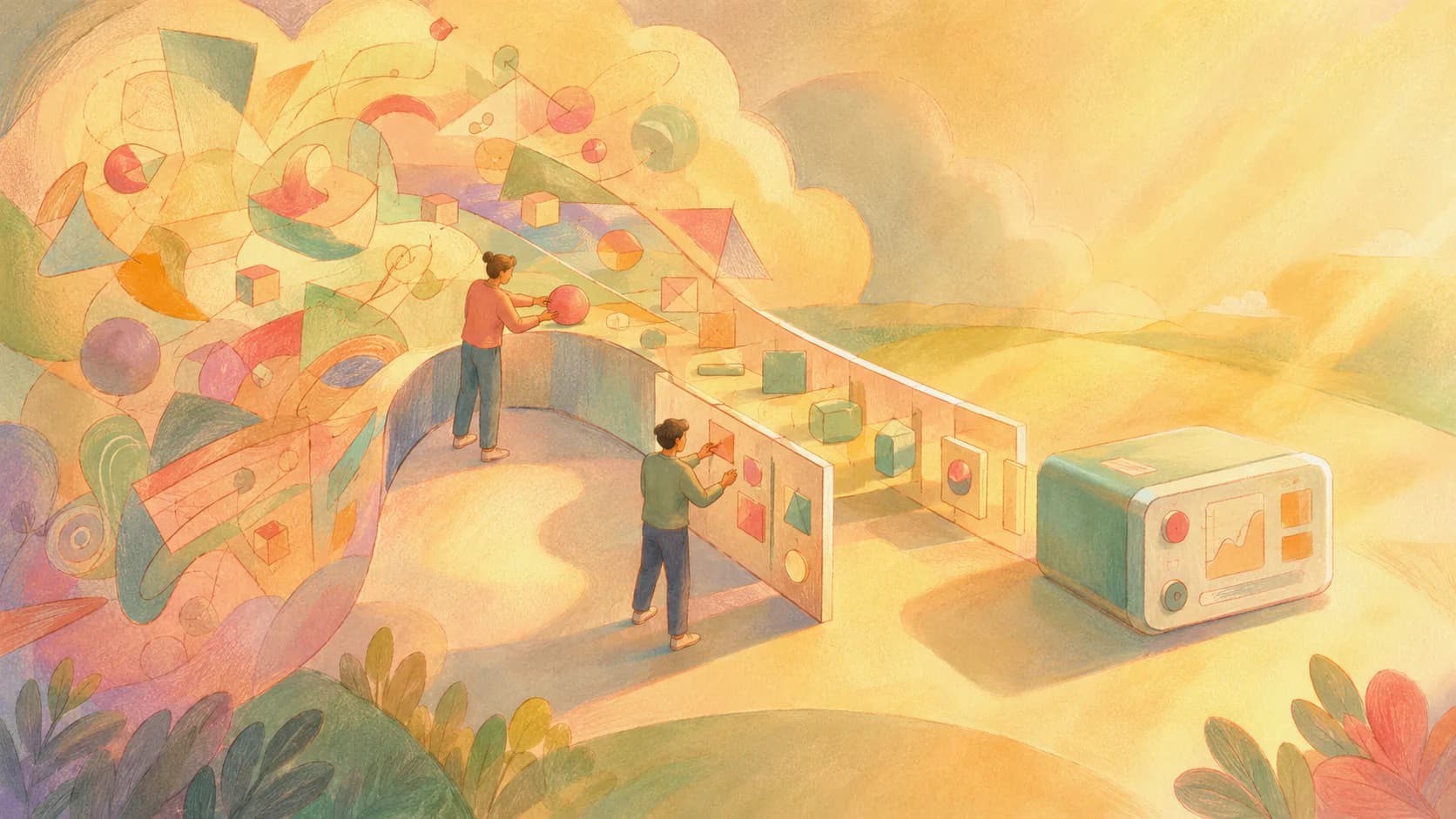 An ambitious cloud of ideas being refined through decisions into a focused, buildable product
